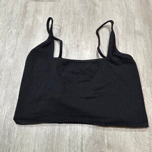 Good American Sleeveless Spaghetti Strap Black Ribbed Cropped Tank Top Size 6